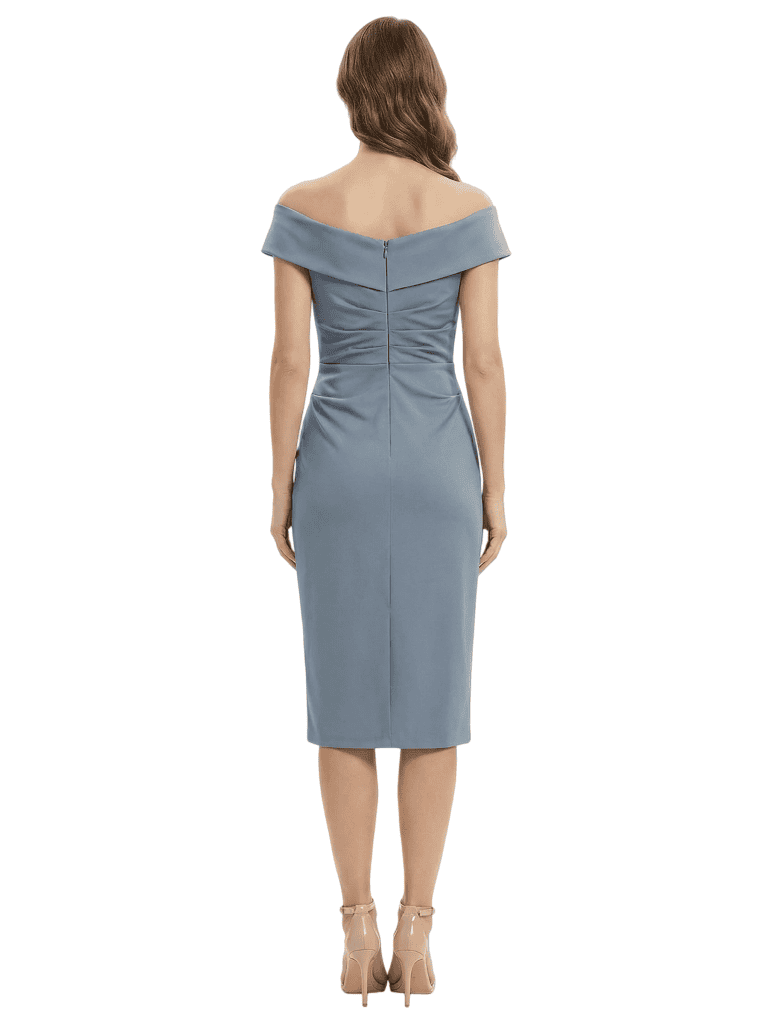 Elegant Off-the-Shoulder Knee Length Mother of the Bride Dress with Modern Ruched Sheath Silhouette