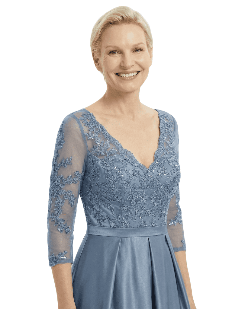 Timeless V-Neck Lace Satin Mother of the Groom Gown With Sleeve
