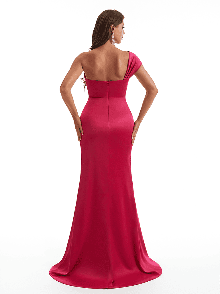 Sexy One Shoulder Side Slit Mermaid Soft Satin Long Bridesmaid Dresses Online
