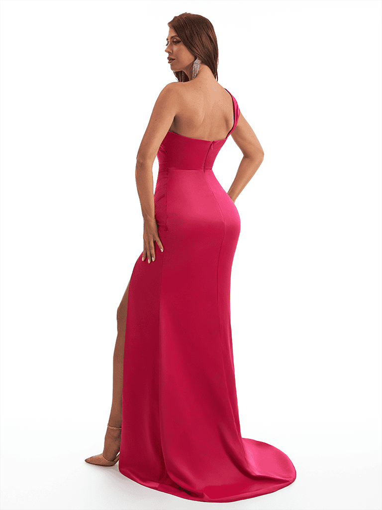 Sexy One Shoulder Side Slit Mermaid Soft Satin Long Bridesmaid Dresses Online