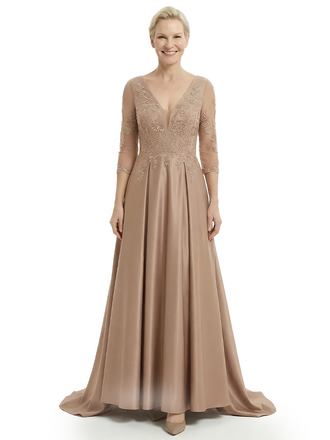 Unique Applique Mother Of The Groom Dress With Sleeves Satin A-Line Gown