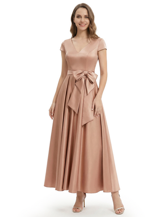 Pretty Short Sleeve A-Line Short Mother Of The Groom Dress Satin V-Neck With Bow Knot