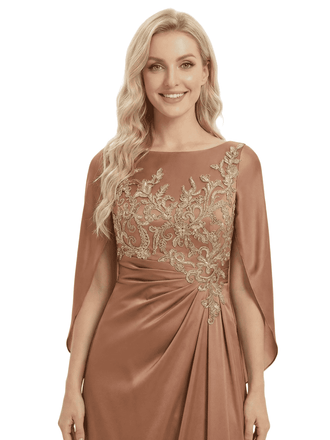 Stunning Scoop Lace Satin Long Mother of the Bride Dresses With Sleeve