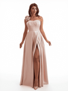 Sexy One Shoulder Side Slit A-Line Soft Satin Long Bridesmaid Dresses Online With Handmade Flower