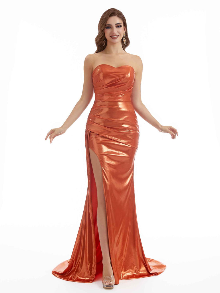 Sexy Strapless Sweetheart Metallic Stretch Shiny Fabric Long Wedding Guest Dresses