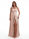 Sexy One Shoulder Side Slit A-Line Soft Satin Long Bridesmaid Dresses Online With Handmade Flower