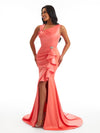 Elegant Asymmetrical Neck Side Split Mermaid Soft Satin Long Bridesmaid Dresses