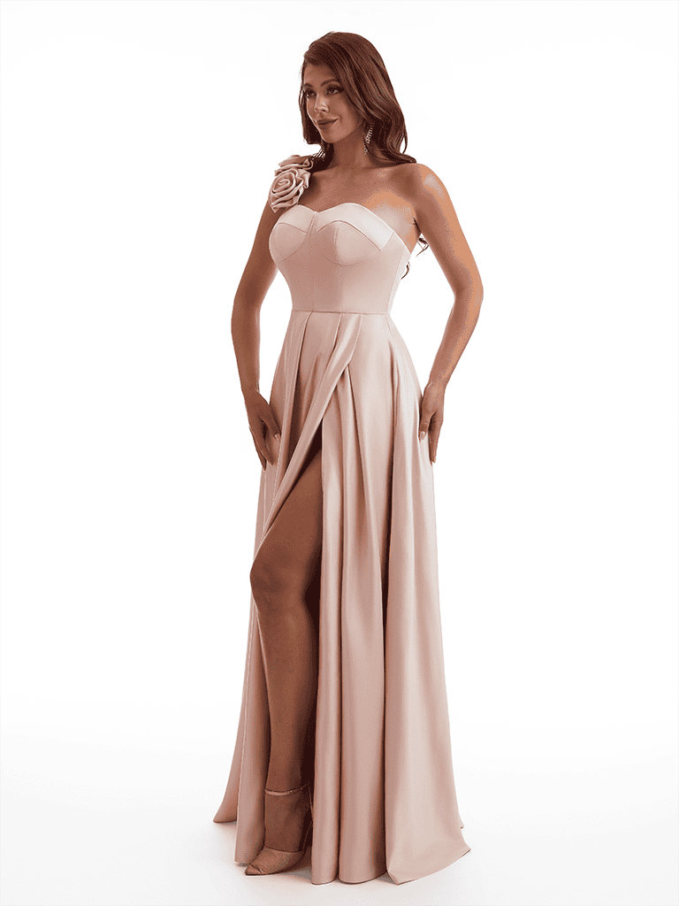 Sexy One Shoulder Side Slit A-Line Soft Satin Long Bridesmaid Dresses Online With Handmade Flower