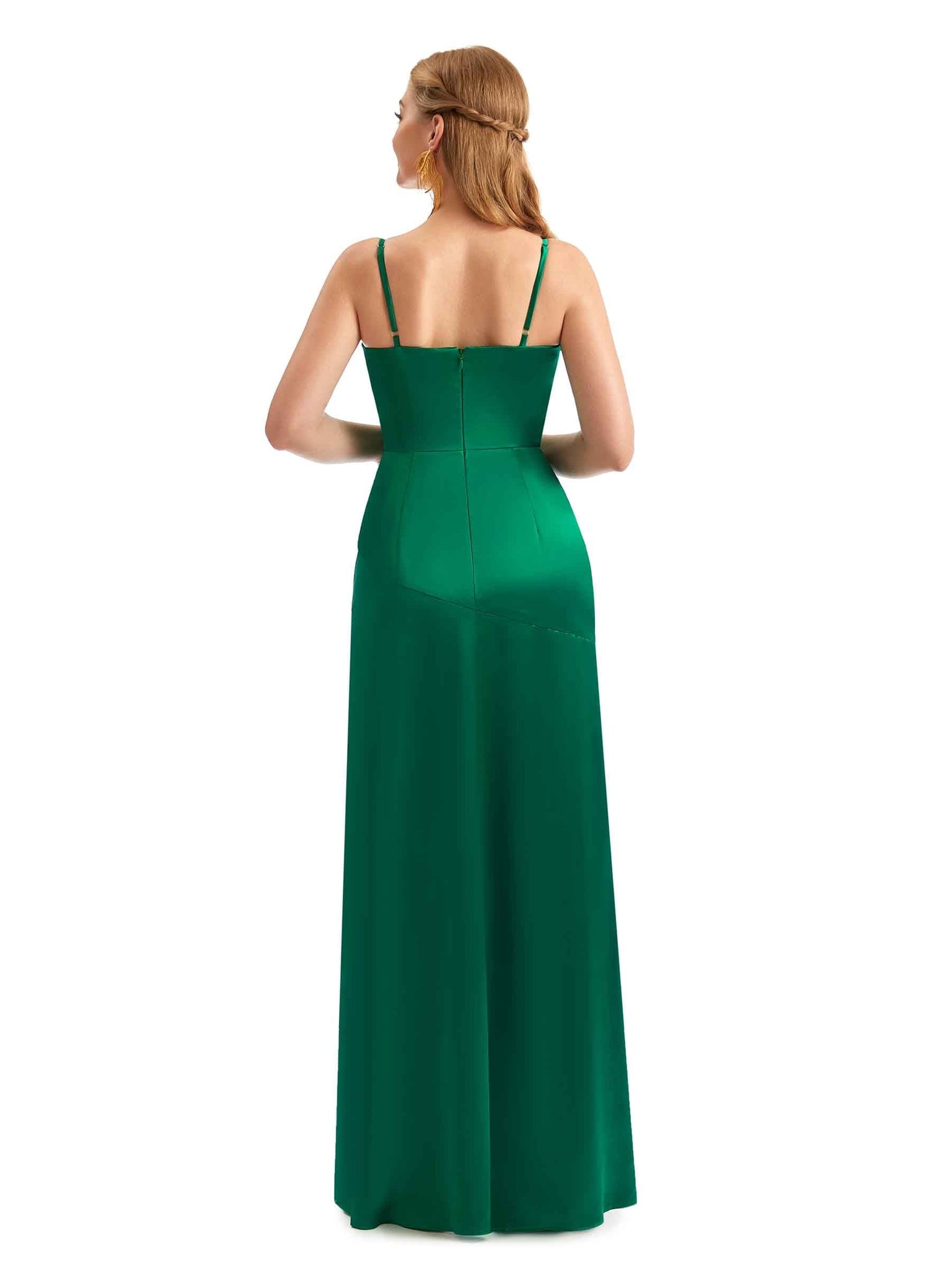 Satin Cowl Neck Long Bridesmaid Dresses Sexy Side Split Spaghetti Straps