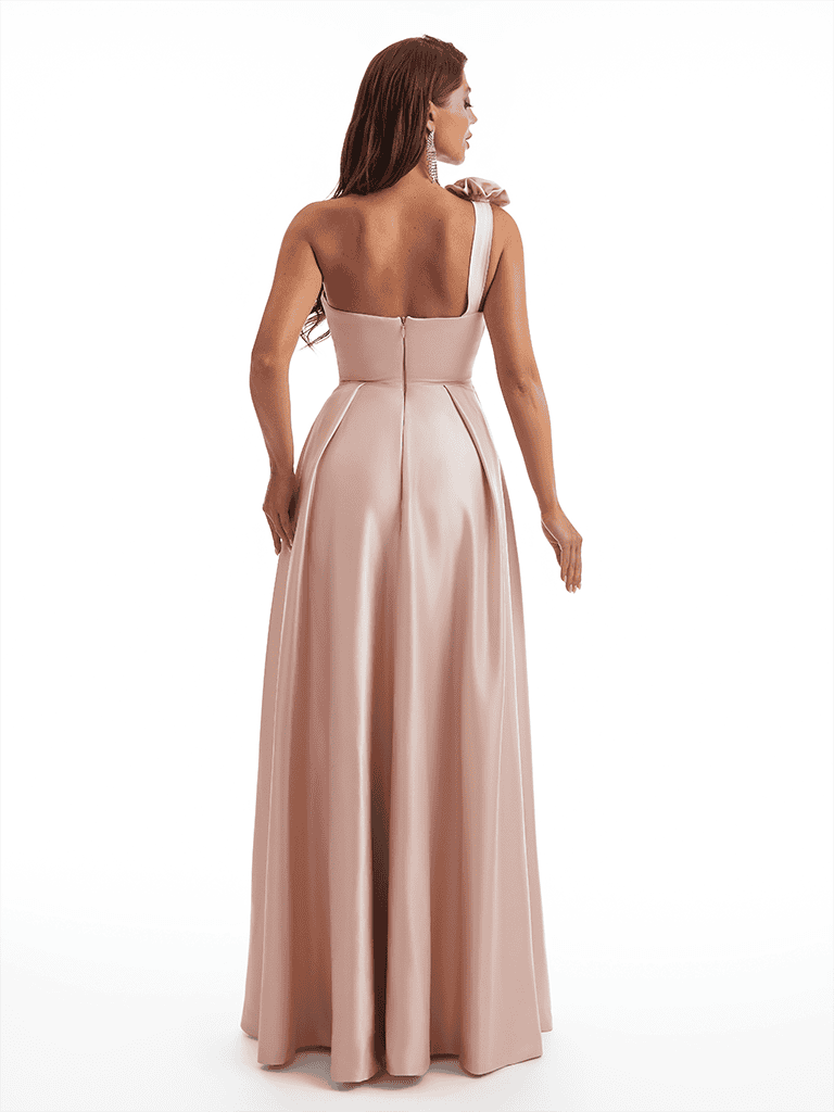 Sexy One Shoulder Side Slit A-Line Soft Satin Long Bridesmaid Dresses Online With Handmade Flower