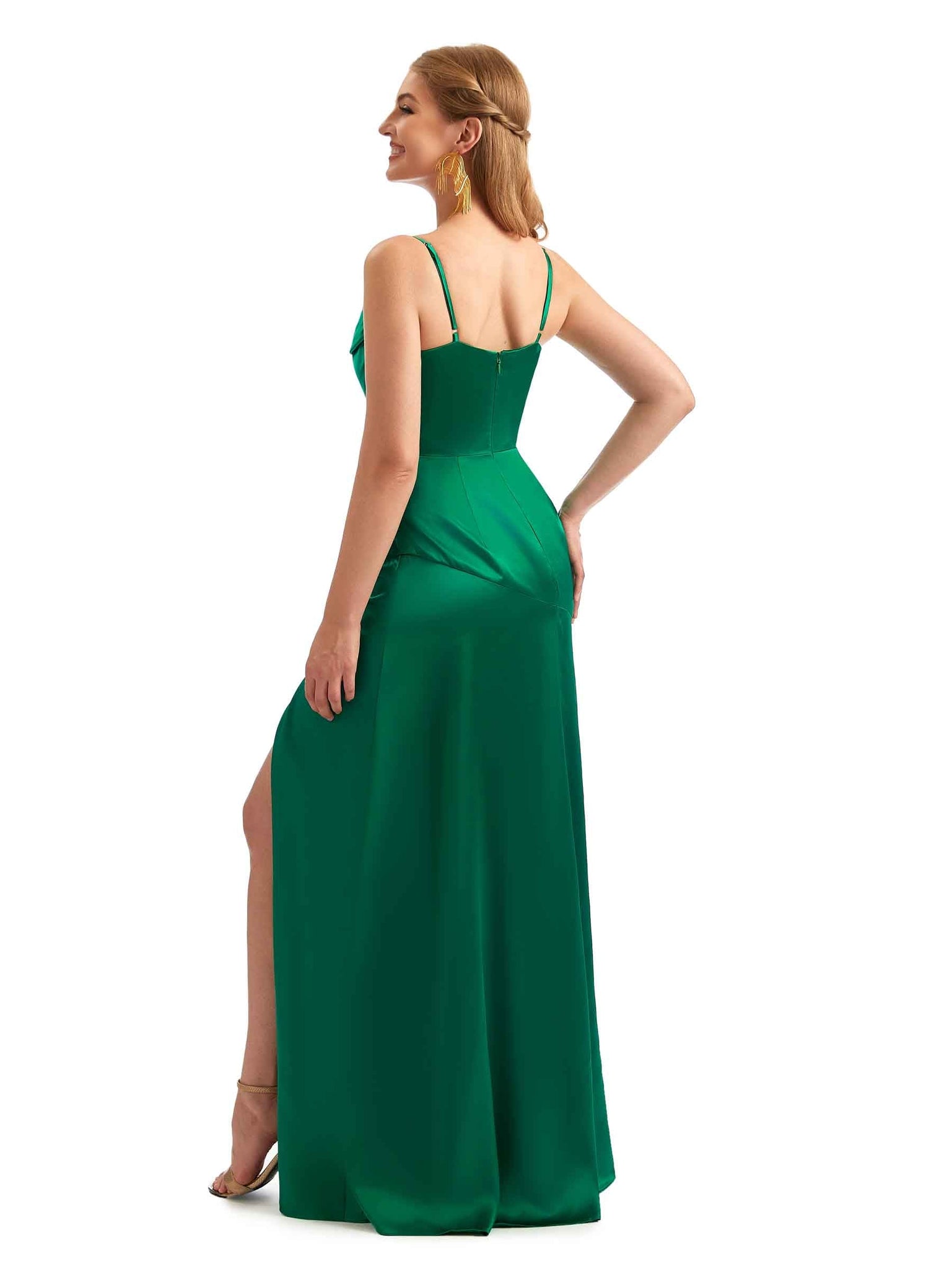 Satin Cowl Neck Long Bridesmaid Dresses Sexy Side Split Spaghetti Straps