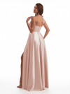Sexy One Shoulder Side Slit A-Line Soft Satin Long Bridesmaid Dresses Online With Handmade Flower
