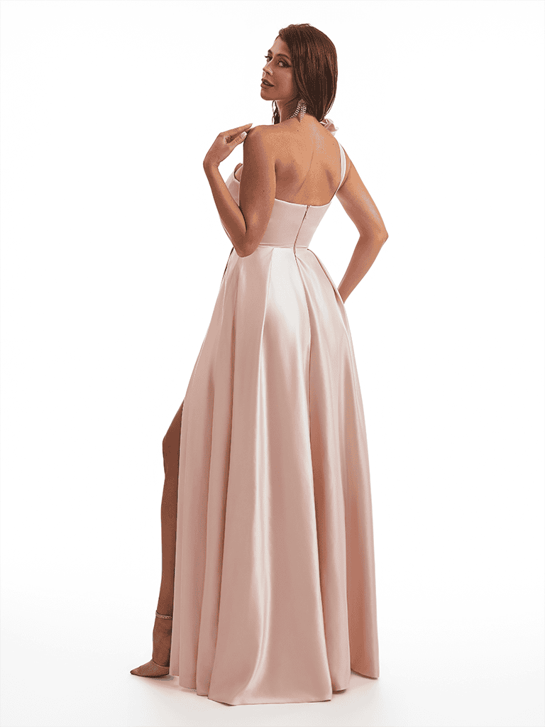 Sexy One Shoulder Side Slit A-Line Soft Satin Long Bridesmaid Dresses Online With Handmade Flower