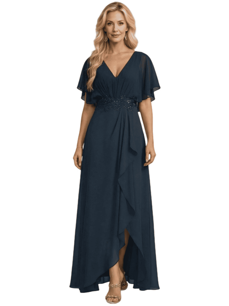 Elegant V-Neck Side Slit Flutter Sleeves Chiffon A-Line Mother of The Bride Dresses