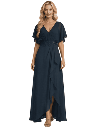 Elegant V-Neck Side Slit Flutter Sleeves Chiffon A-Line Mother of The Bride Dresses