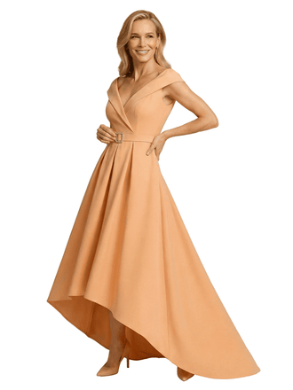 Chicsew Mother of The Groom Dress Fancy Cap Sleeve Crepe High-Low A-Line Gown Elegant Belt Accent
