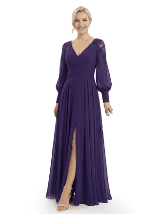 Chicsew Mother Of The Bride Dresses V-Neck Long Sleeve Slit Lace Chiffon Maxi Gown Classy Ruched