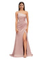 Elegant Mermaid One Shoulder Stretch Satin Side Slit Formal Long Bridesmaid Dresses