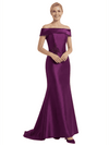 Chicsew Elegant Off Shoulder Applique High-Low Satin Mermaid Mother of The Bride Dresses
