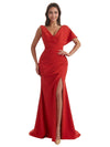 Sexy Asymmetric V-Neck Mermaid Side Slit Crepe Long Bridesmaid Dress For Wedding