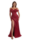 Gorgeous Cold Shoulder Mermaid Pleated Silky Satin Side Slit Long Bridesmaid Dresses