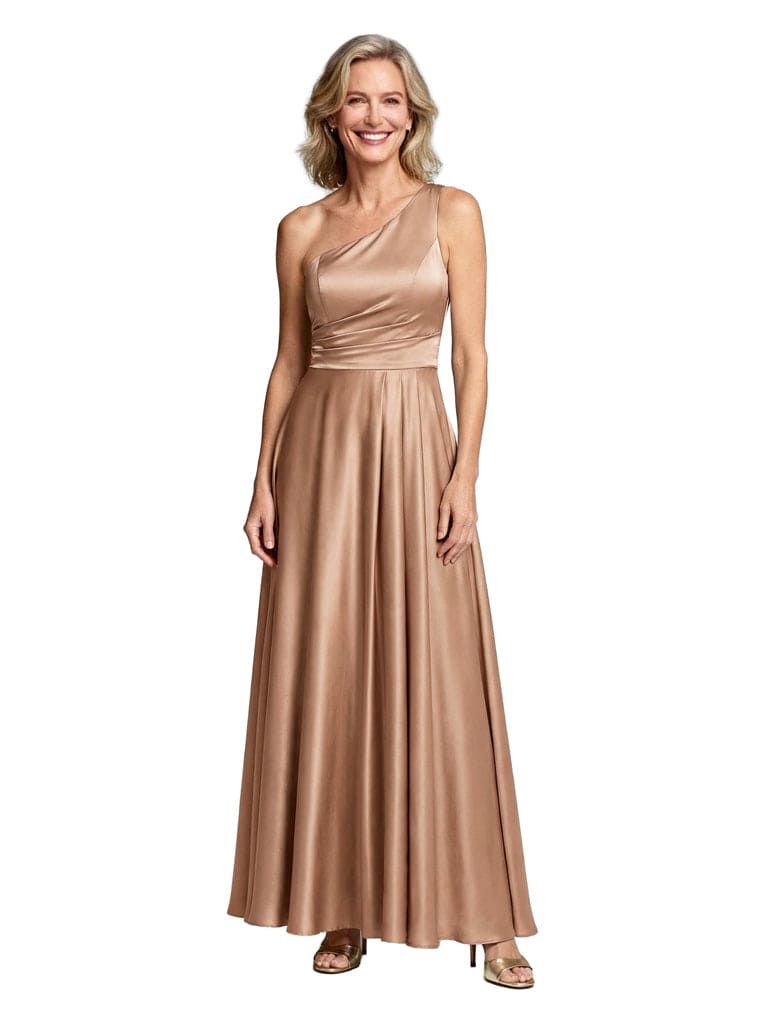 Elegant One Shoulder Satin Mother of The Bride Dress Floor-Length A-Line Gown with Ruched Bodice Classy Wedding Guest Attire