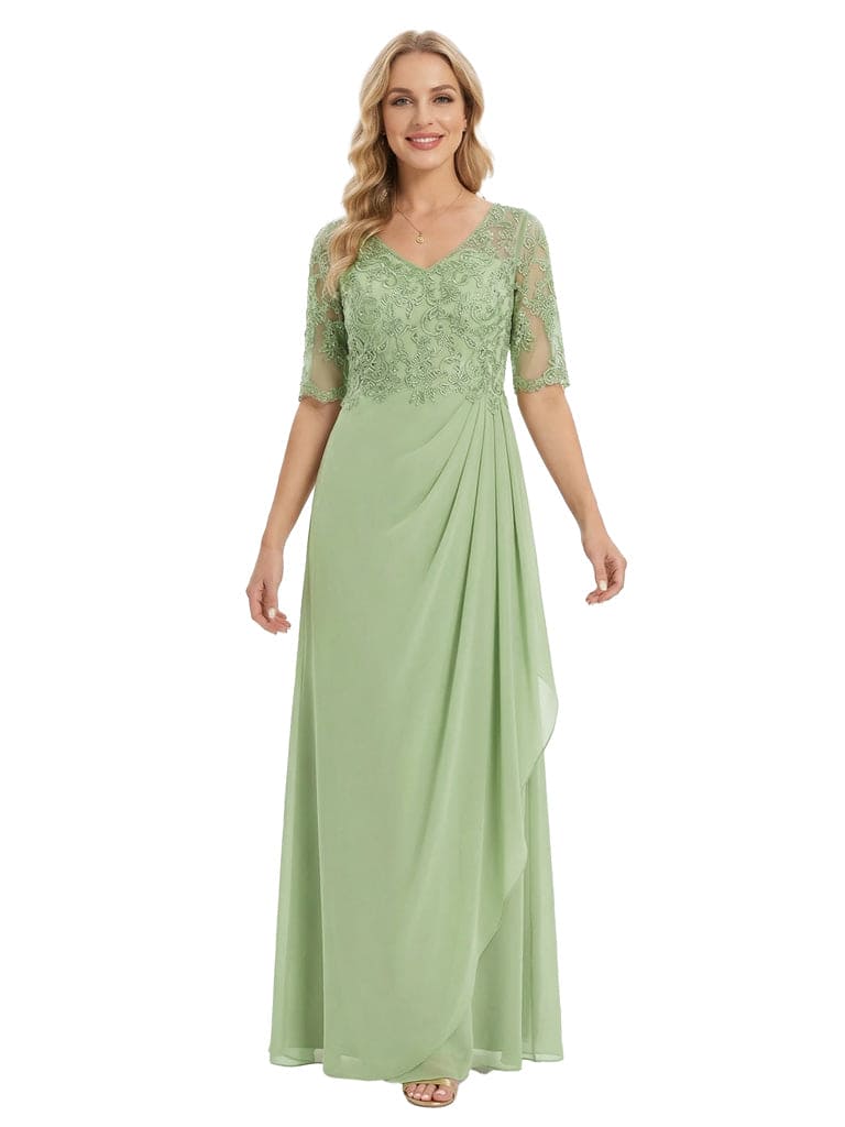 Classy V-Neck Half Sleeve Chiffon Gown With Lace Mother of The Bride Dresses