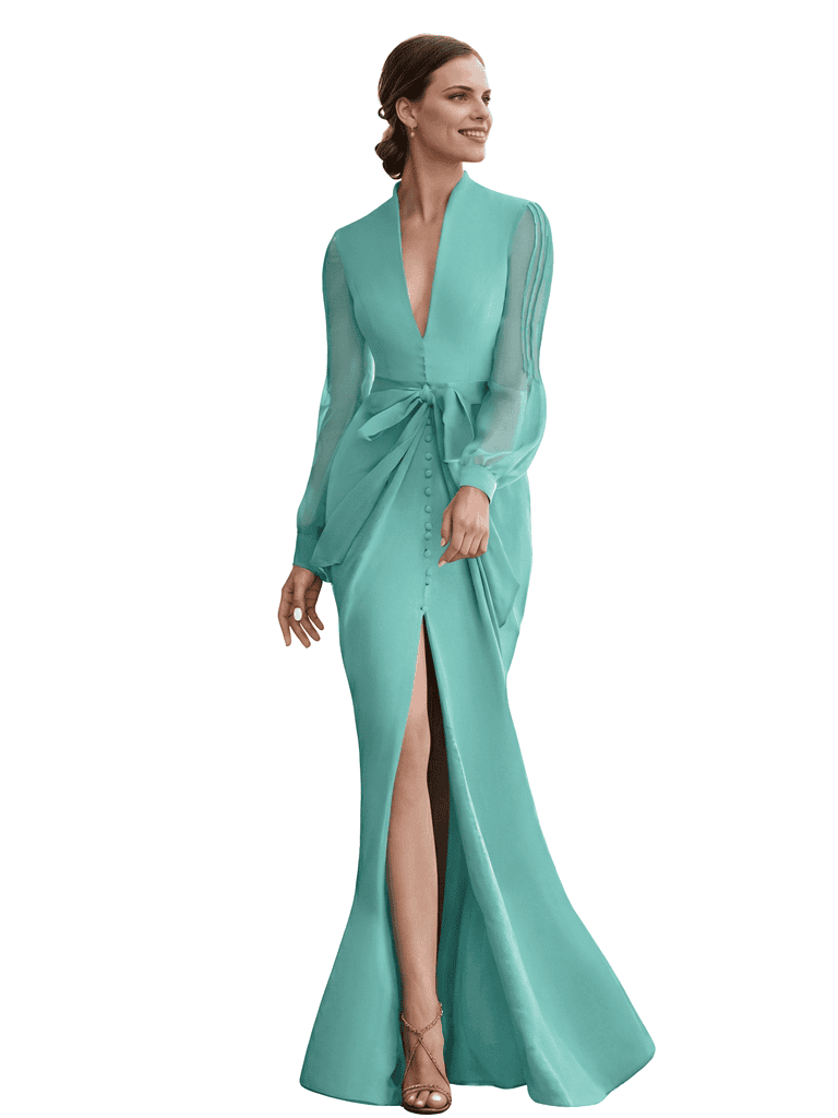 Chicsew V-Neck Long Sleeves Mother Of The Bride Gown Floor-Length Tulle Chiffon Party Dress