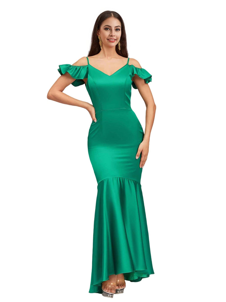 Sexy Mermaid Cold Shoulder Soft Satin Beauty Long Bridesmaid Dresses