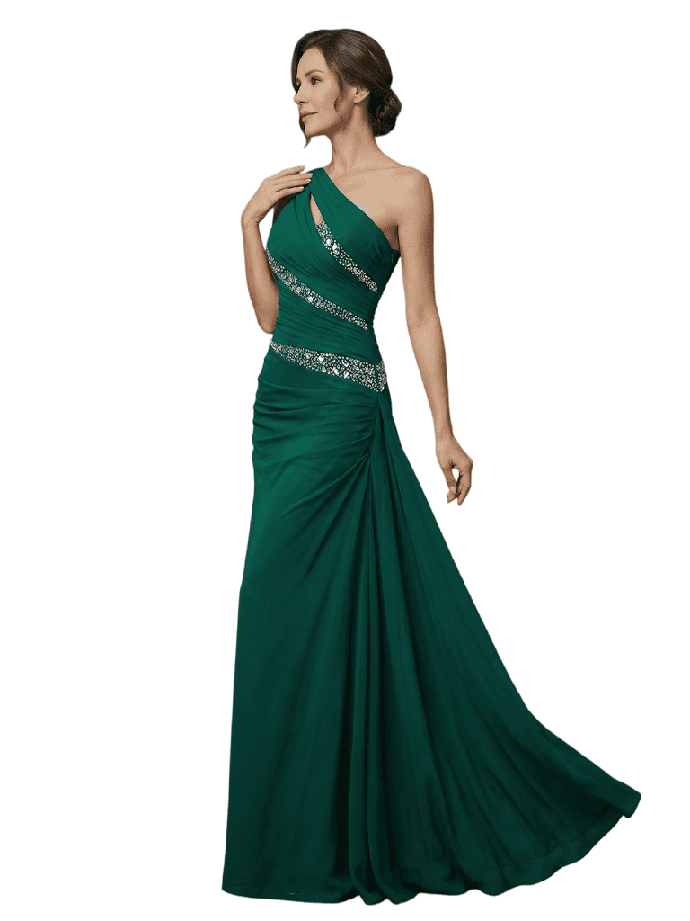 Elegant One Shoulder Beaded Chiffon A-Line Long Mother of The Bride Dresses