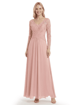 Elegant Mother Of The Bride Dresses V-Neck Long Sleeves Lace Appliques A-Line Ruched Formal Wedding Event Dress