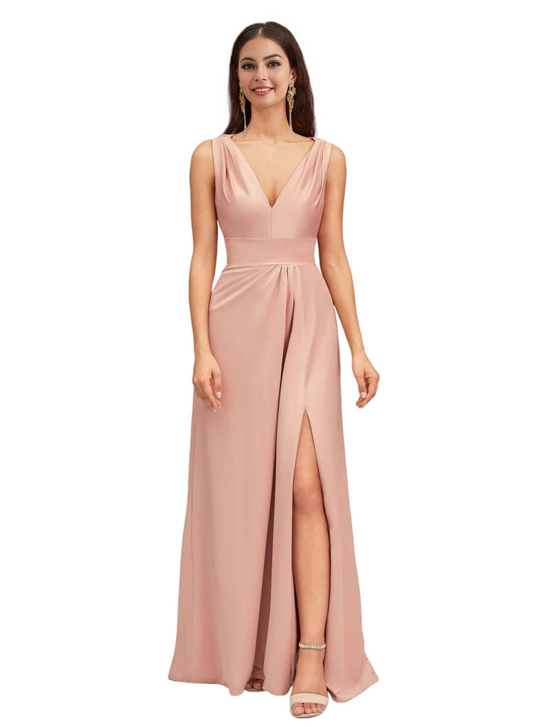 Sexy V-Neck A-Line Soft Satin Beauty Long Bridesmaid Dresses Online