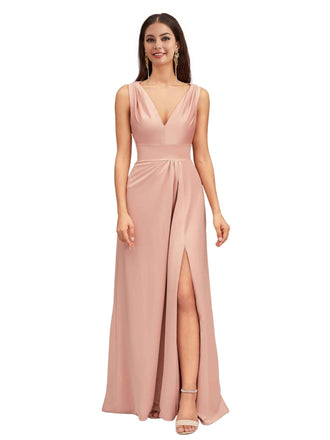 Sexy V-Neck A-Line Soft Satin Beauty Long Bridesmaid Dresses Online
