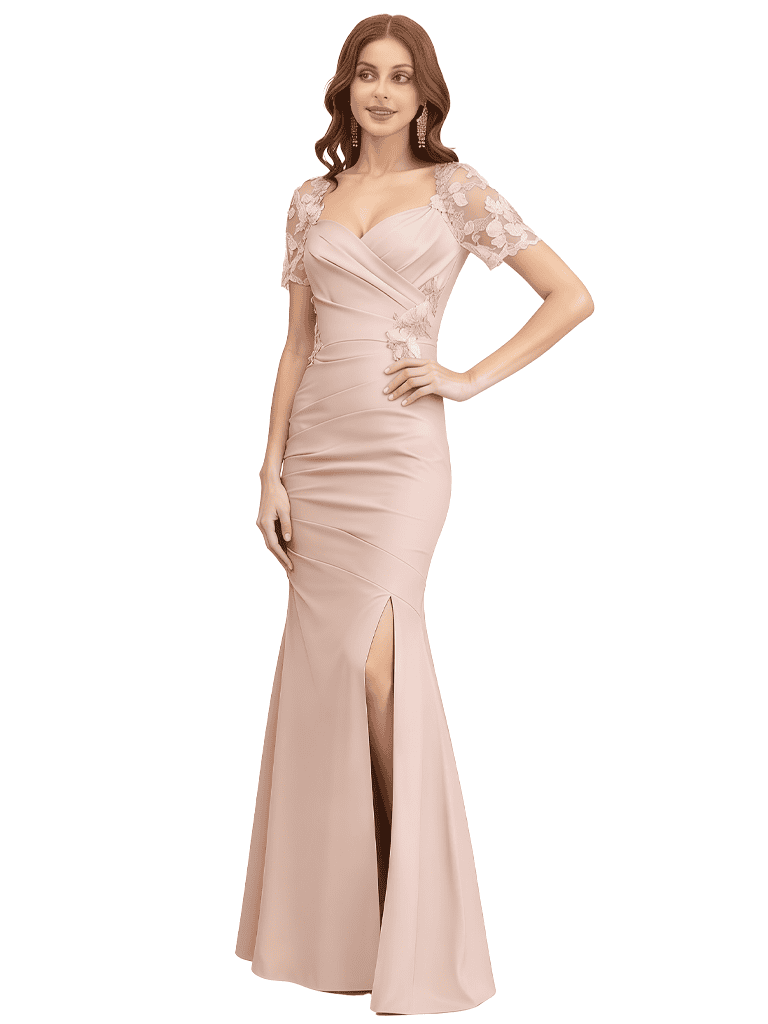 Classy  Lace Cap Sleeves V-Neck Mermaid Mother Of The Bride Dress Slit