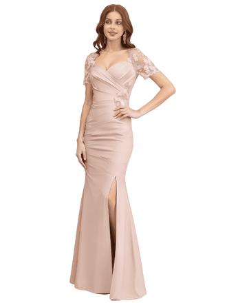 Classy  Lace Cap Sleeves V-Neck Mermaid Mother Of The Bride Dress Slit