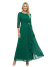Modern Jewel 3/4 Sleeves Chiffon Mother Of The Bride Dress With Unique Side Pleats
