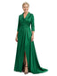 V-Neck Satin Mother Of The Bride Dress 3/4 Sleeves A-Line Maxi Gown With Side Slit Train Formal Wedding Attire