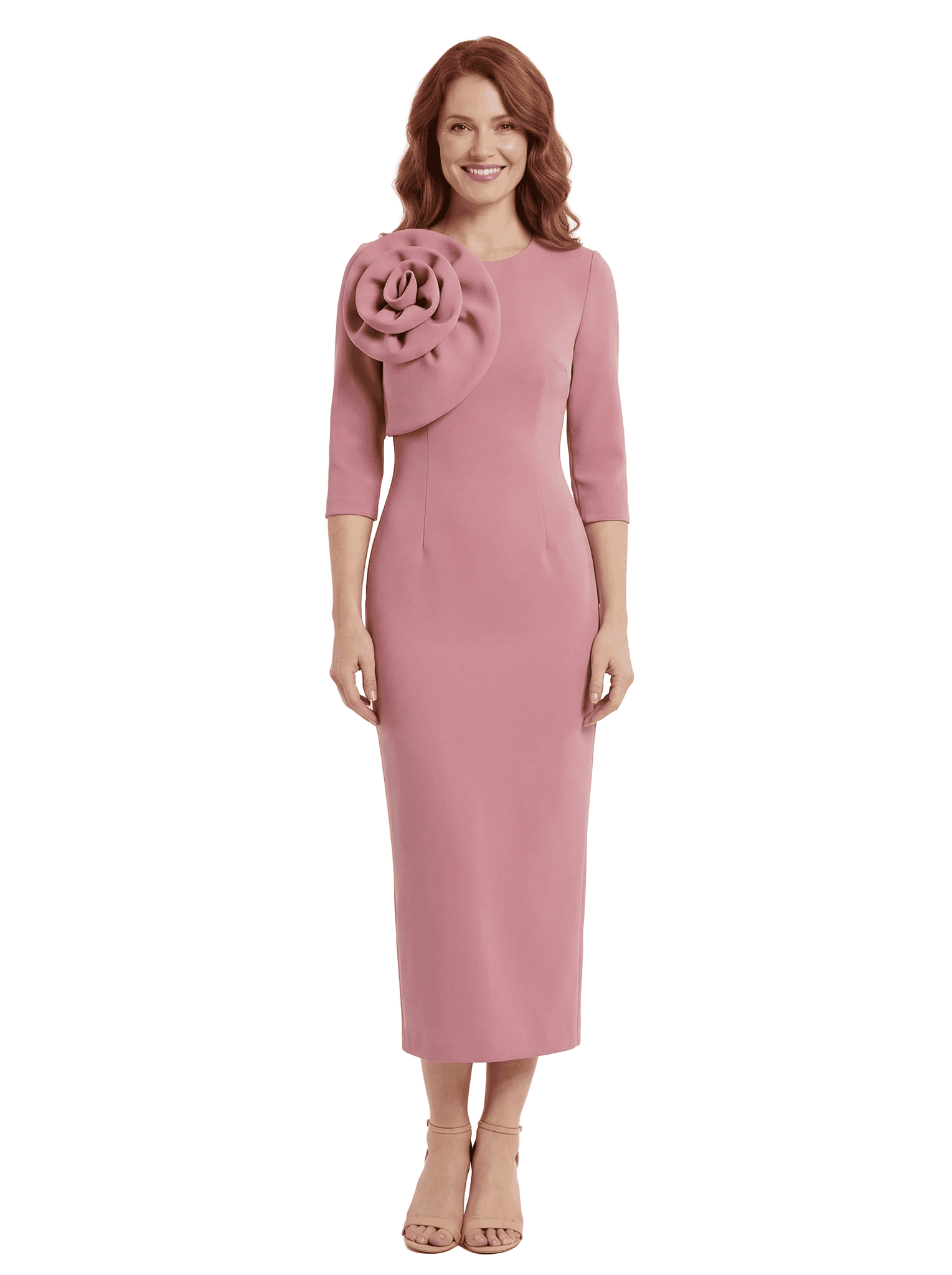 Chicsew Mother of The Groom Dress Unique Jewel 3/4 Sleeve Crepe Sheath Midi Gown Flower Accent
