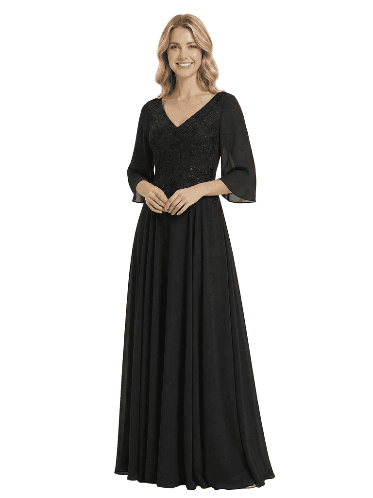 Chicsew Elegant V-Neck 3/4 Sleeves A-Line Lace Appliques Chiffon Mother Of The Bride Dress