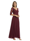 Classy V-Neck 3/4 Lace Sleeves A-Line Floor Length Mother of The Bride Gown