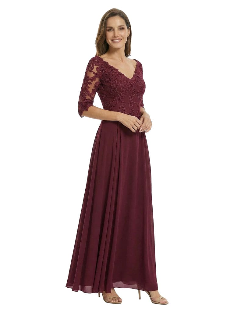 Classy V-Neck 3/4 Lace Sleeves A-Line Floor Length Mother of The Bride Gown