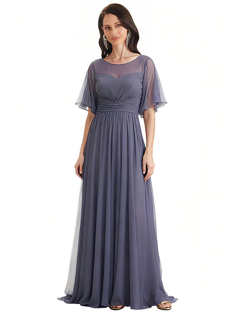 Elegant Flutter Sleeves Jewel A-Line Ruched Chiffon Mother Of The Bride Dress
