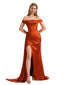 Unique Satin Off The Shoulder Side Split Boning Mermaid Pleated Long Bridesmaid Dresses