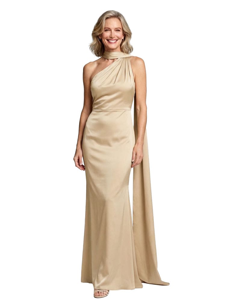 Halter Neck Satin Mother Of The Bride Dress Sheath Maxi Gown With Open Back Cape Chic Formal Wedding Attire