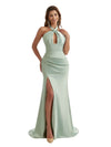 Sexy Side Split V-Neck Mermaid Ruched Satin Long Bridesmaid Dresses Slit Online
