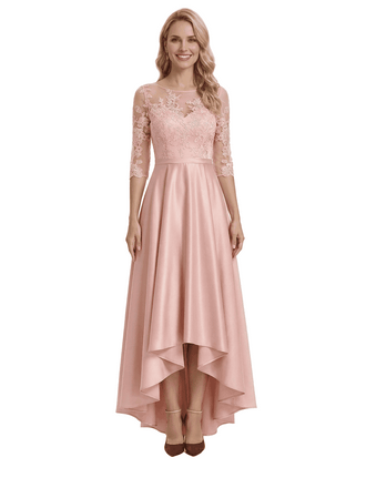 Chicsew Elegant Jewel Lace 3/4 Sleeves Satin High-Low A-Line Mother Of The Bride Dress