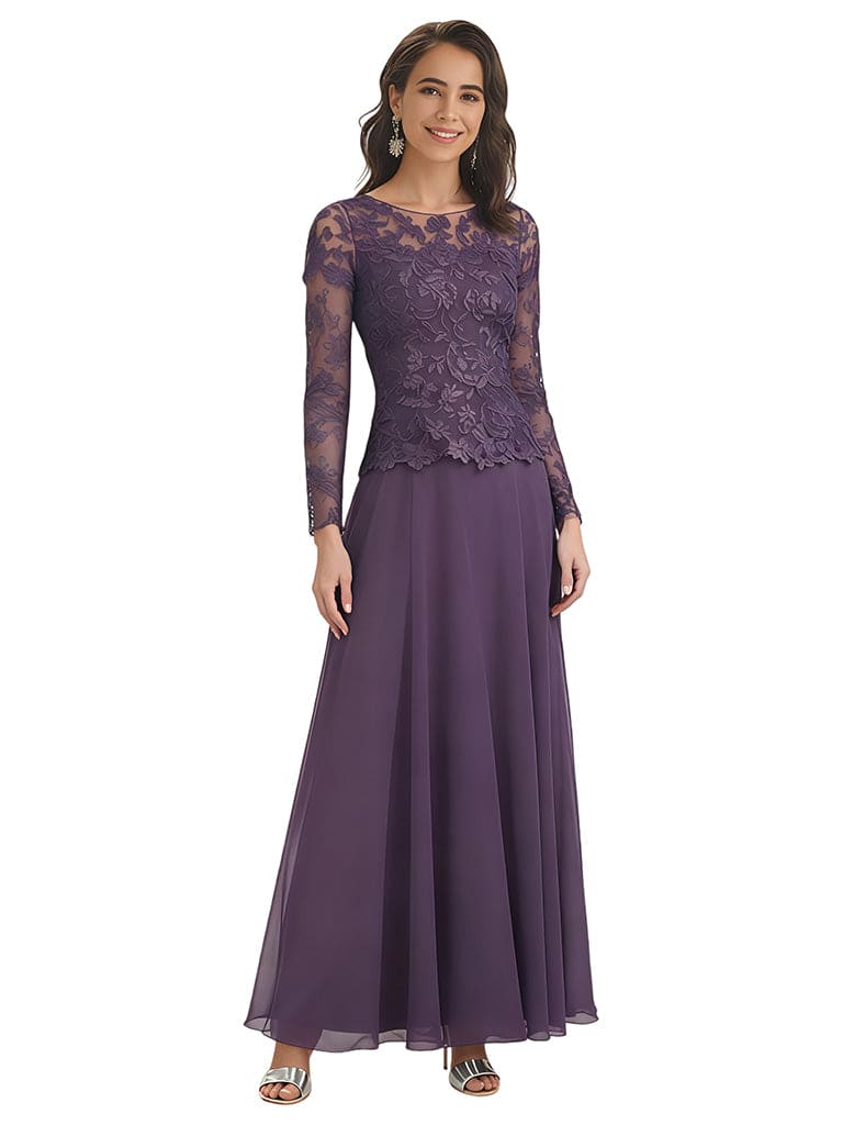 Elegant A-Line Lace Chiffon Long Sleeves Ankle-Length Mother of the Brides Dresses