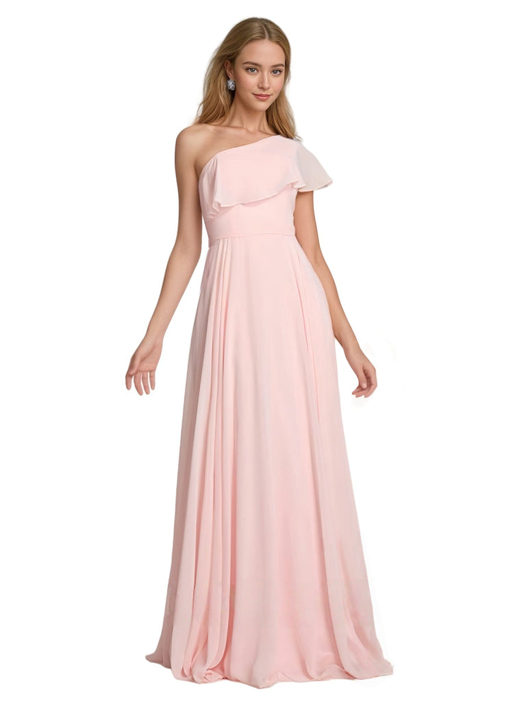 Elegant One Shoulder Ruffle Sleeves A-line Chiffon Long Bridesmaid Dresses