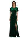 Elegant Jewel Short Sleeves Side Slit A-line Velvet Long Mother of The Dresses