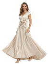 V-Neck Satin Mother Of The Groom Dress Cap Sleeves A-Line Maxi Gown With Handmade Flower